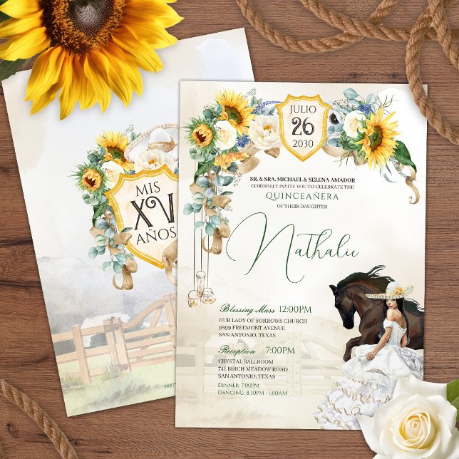 Invitation Tournesol blanc Rose Aquarelle Charra Quinceanera (Créateur téléchargé)