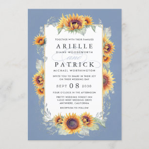Invitation Tournesol bleu aquarelle Rustique Mariage à thème