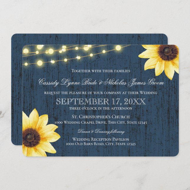 Invitation Tournesol bleu marine et éclats Mariage rustique (Devant / Derrière)