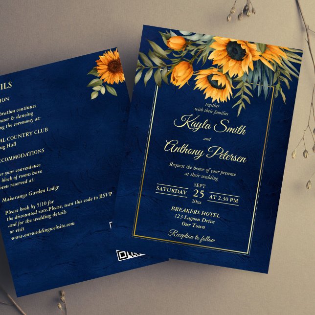 Invitation tournesol bleu marine mariage de automne tout en u (Fall wedding navy blue yellow sunflower all in one invitation template digital download)