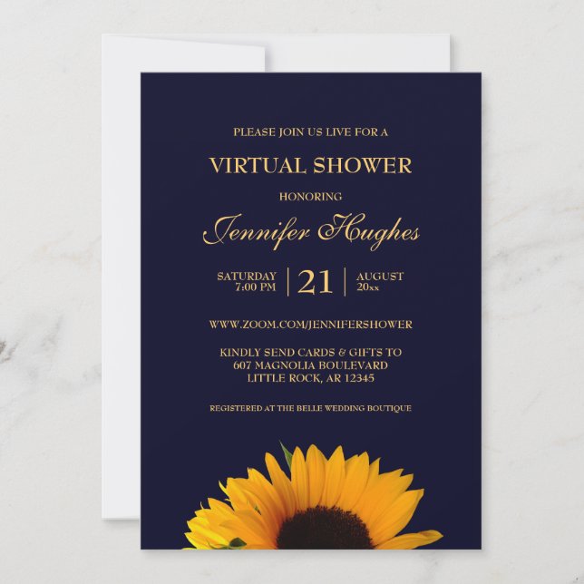 Invitation Tournesol Bleu Marine Virtuel Shower (Devant)