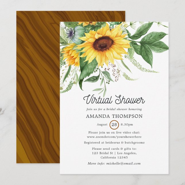 Invitation Tournesol bohème rustique Douche virtuelle (Devant / Derrière)