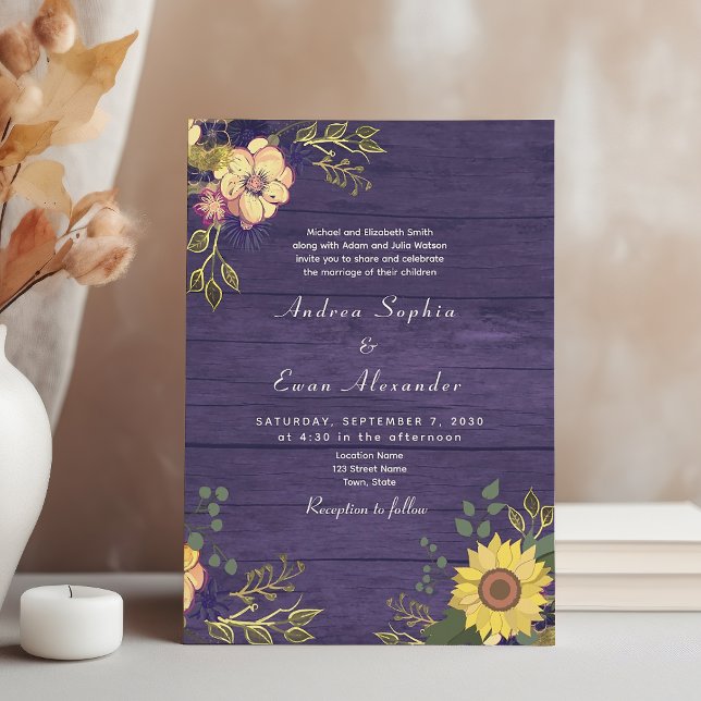 Invitation Tournesol Boho Rustique violet Mariage (Créateur téléchargé)