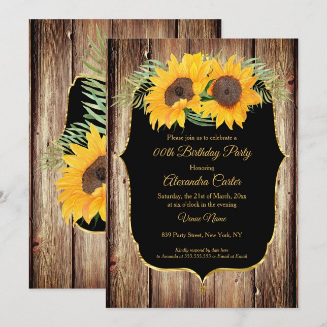 Invitation Tournesol bois rustique fête or noir (Devant / Derrière)