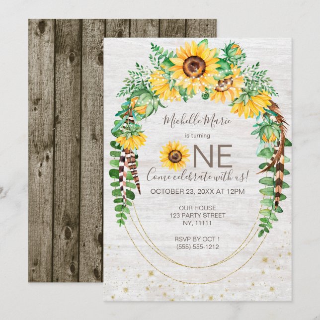 Invitation Tournesol Bois rustique Lumières Premier anniversa (Devant / Derrière)