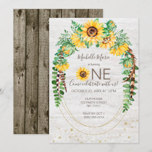 Invitation Tournesol Bois rustique Lumières Premier anniversa