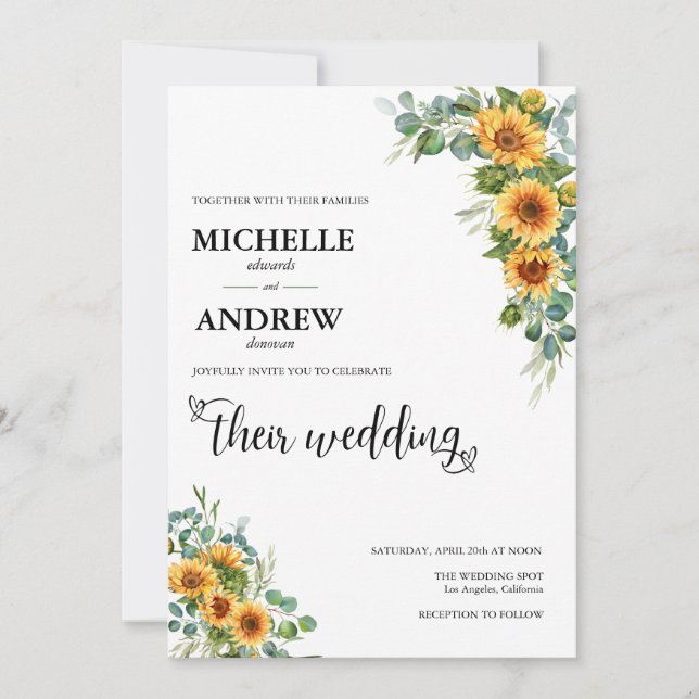Invitation Tournesol Botanique |  Mariage au Eucalyptus (Devant)