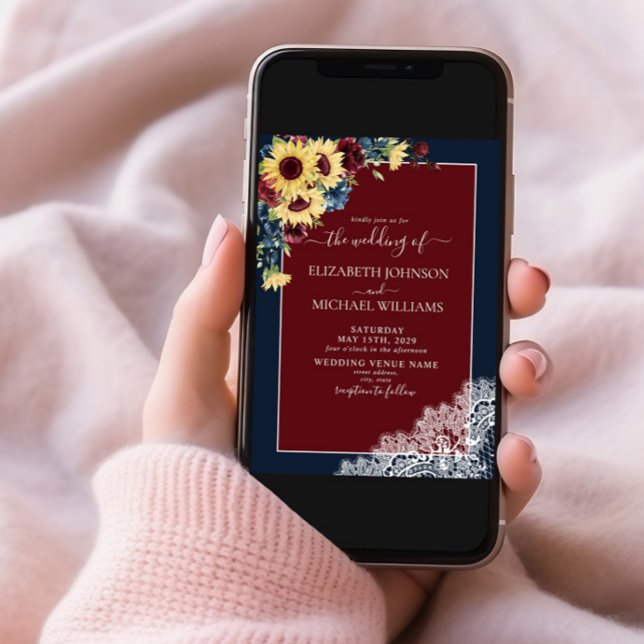 Invitation Tournesol Bourgogne Bleu Marine Bois Script Mariag (Créateur téléchargé)