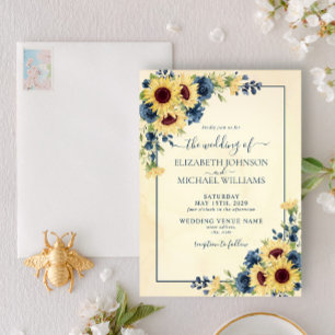 Invitation Tournesol chaud rustique Mariage floral bleu marin