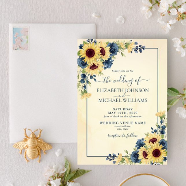 Invitation Tournesol chaud rustique Mariage floral bleu marin (Créateur téléchargé)