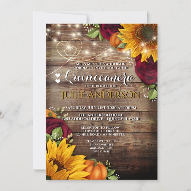 Invitation Tournesol, Citrouille et Rose Rustic Quinceanera (Devant)