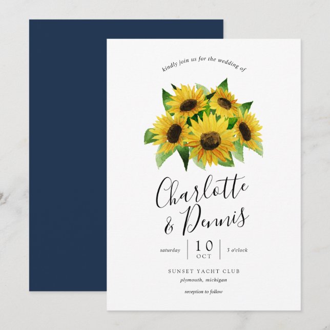 Invitation tournesol couleur aquarelle et mariage bleu marine (Devant / Derrière)
