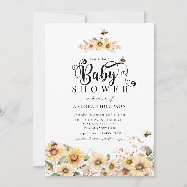 Invitation Tournesol d'abeille | Baby shower rustique (Devant)