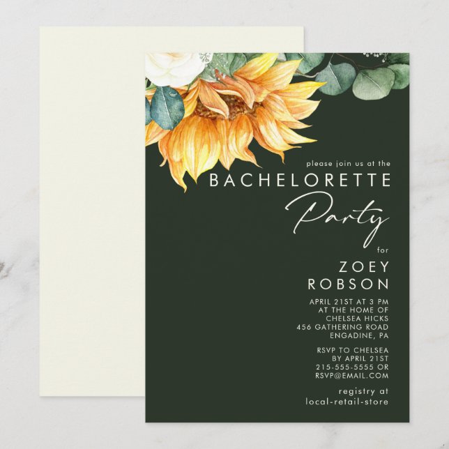 Invitation Tournesol | Dark Green Bachelorette Party (Devant / Derrière)