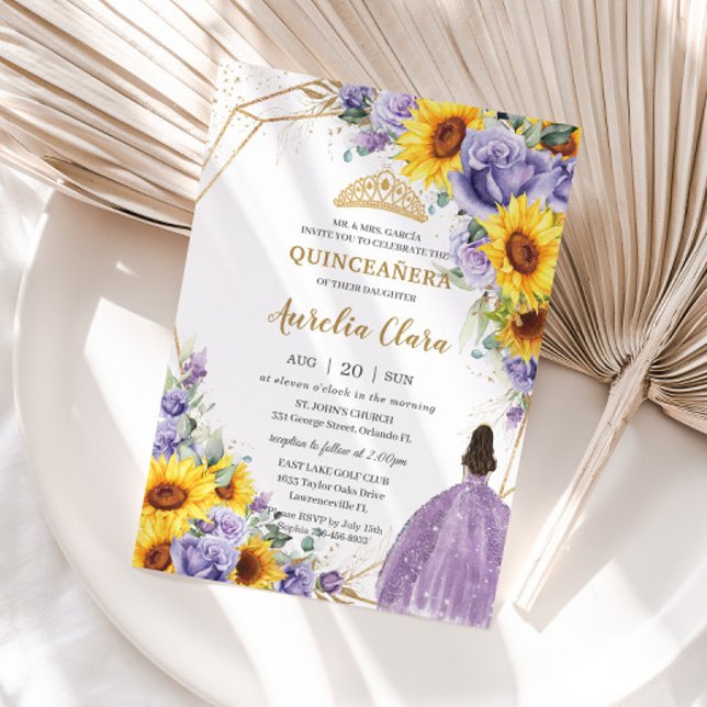 Invitation Tournesol de Quinceanera Lavande violette or flora (Créateur téléchargé)