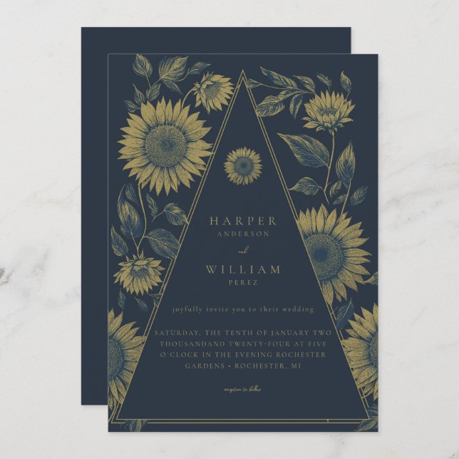 Invitation Tournesol de triangle de Bohême mariage bleu marin (Devant / Derrière)