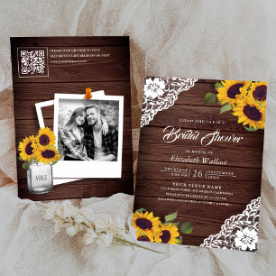 Invitation Tournesol dentelle en bois Photo QR Code Fête des 