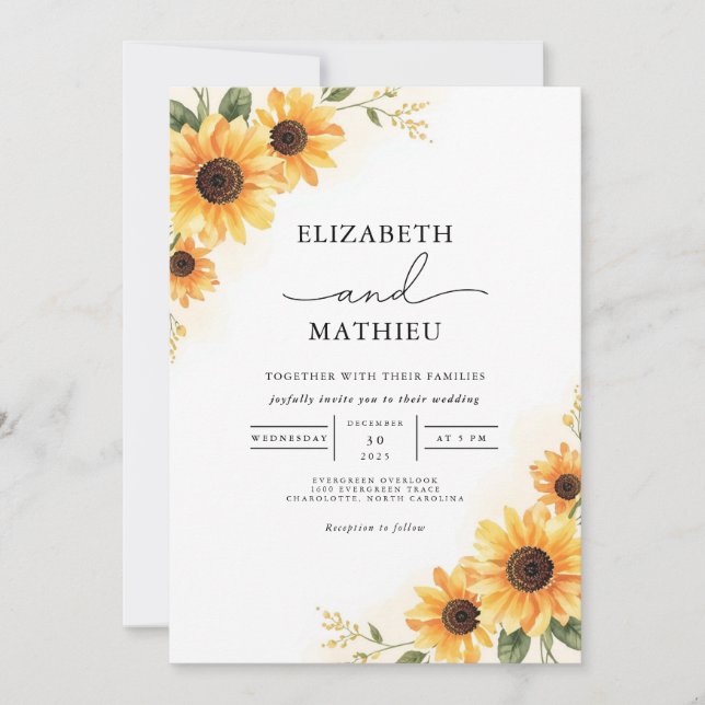 Invitation Tournesol doré Rustique Mariage de fleurs (Devant)