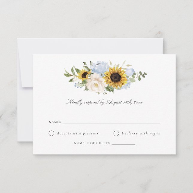 Invitation Tournesol Dusty Blue Flowers Mariage rustique RSVP (Devant)