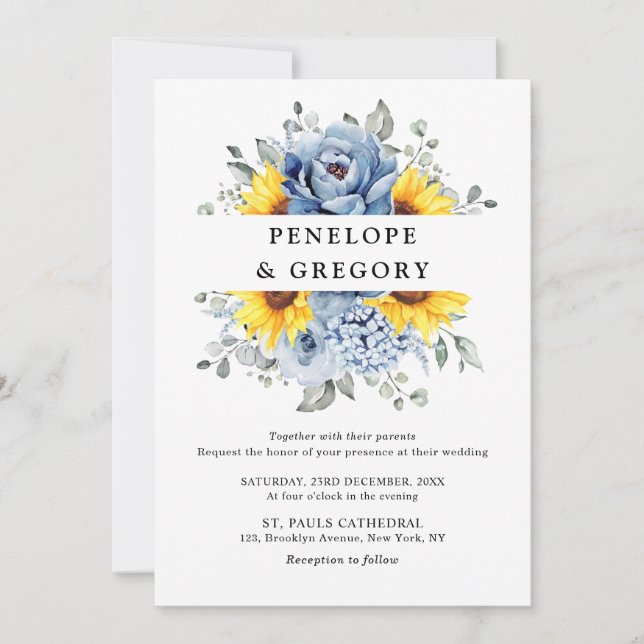Invitation Tournesol Dusty Blue Slate Peony Mariage floral (Devant)