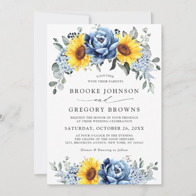 Invitation Tournesol Dusty Blue Slate Peony Mariage floral (Devant)