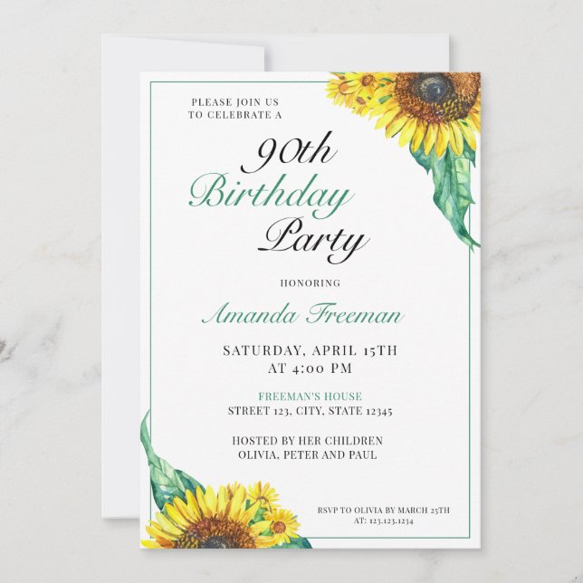 Invitation Tournesol élégant 90e anniversaire (Devant)