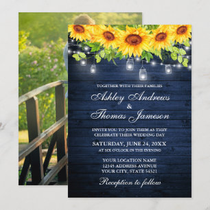 Invitation Tournesol en bois bleu rustique Lumières de jarre 