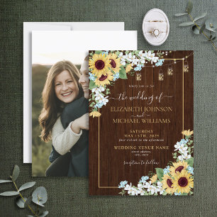 Invitation Tournesol en bois rustique Dusty Mariage photo ble