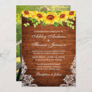 Invitation Tournesol en bois rustique Flore Dentelle verte Ph
