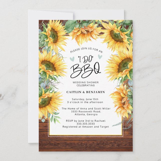 Invitation Tournesol en bois rustique Je fais Fête des mariée (Devant)
