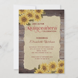 Invitation Tournesol en bois vintage déchirée Quinceañera