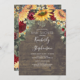 Invitation Tournesol et Bourgogne Rose Baby shower rustique