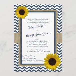 Invitation Tournesol et Chevron Marine Bleu Mariage rustique