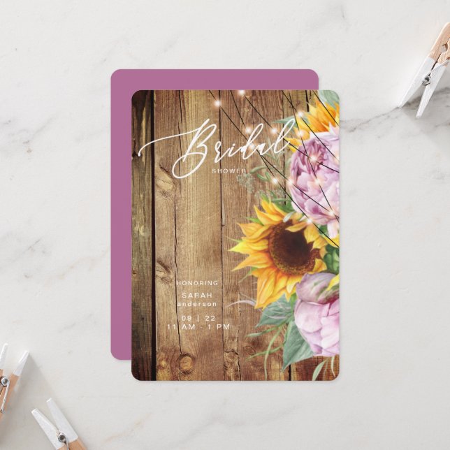 Invitation Tournesol et Fuchsia Rustic Roundé Fête des mariée (Devant/Arrière en situation)