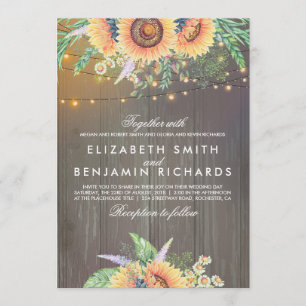 Invitation Tournesol et mariage en bois rustique de lumières