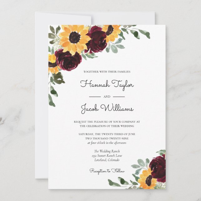 Invitation Tournesol et Mariage rouge Rose de Bourgogne (Devant)