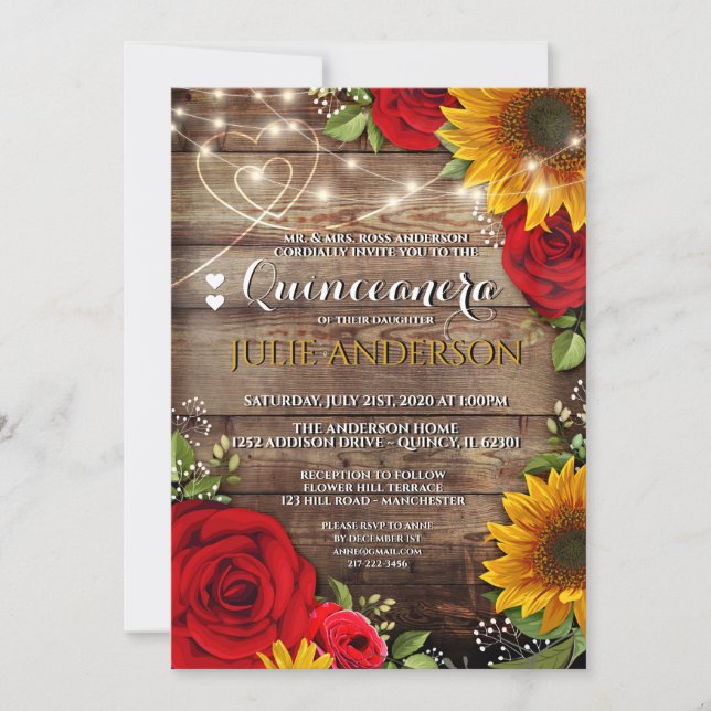 Invitation Tournesol et Quinceanera Rose rustique (Devant)