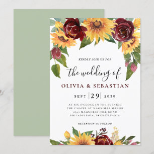 Invitation Tournesol et Rose Bourgogne Rouge Mariage