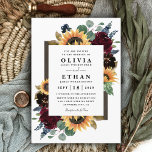 Invitation Tournesol et Rose Bourgogne Rouge Mariage bleu de<br><div class="desc">Le design présente d'élégants roses d'aquarelle, des pivoines, des fleurs sauvages et des tournesols dans différentes nuances de rouge bordeaux, bleu marine et plus sur une couronne de verdure d'eucalyptus. Le design comprend également un cadre en bois de grange sous la couronne. Une disposition de police unique complète le design...</div>