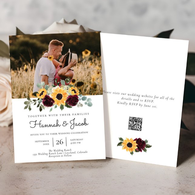 Invitation Tournesol et Rose Rustique QR Code Photo Mariage (Créateur téléchargé)
