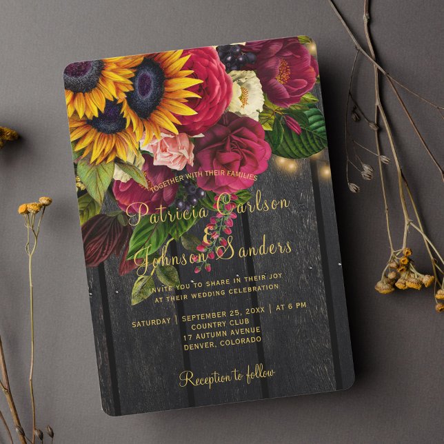 Invitation Tournesol et roses bordeaux mariage rustique d'aut (Créateur téléchargé)