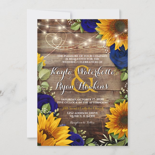 Invitation Tournesol et Roses de la marine Rustic Wood Lights (Devant)