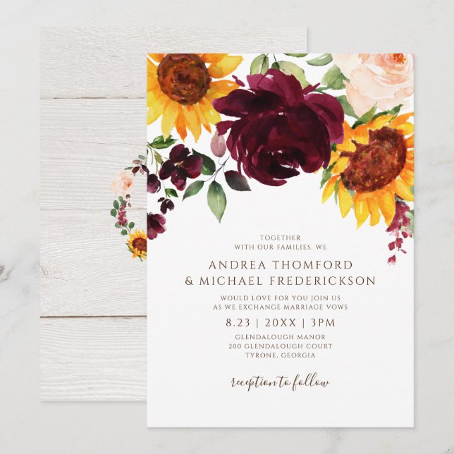 Invitation Tournesol et Roses Mariage d'automne Rouge Bourgog (Devant / Derrière)