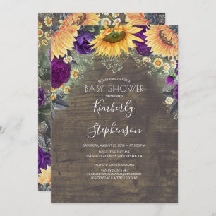 Invitation Tournesol et violet Rose Baby shower rustique