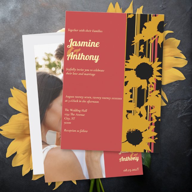 Invitation Tournesol Été Or Rouge Mariage (Créateur téléchargé)
