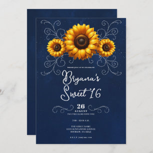 Invitation Tournesol étincelle Bleu Rustique Glam Sweet 16