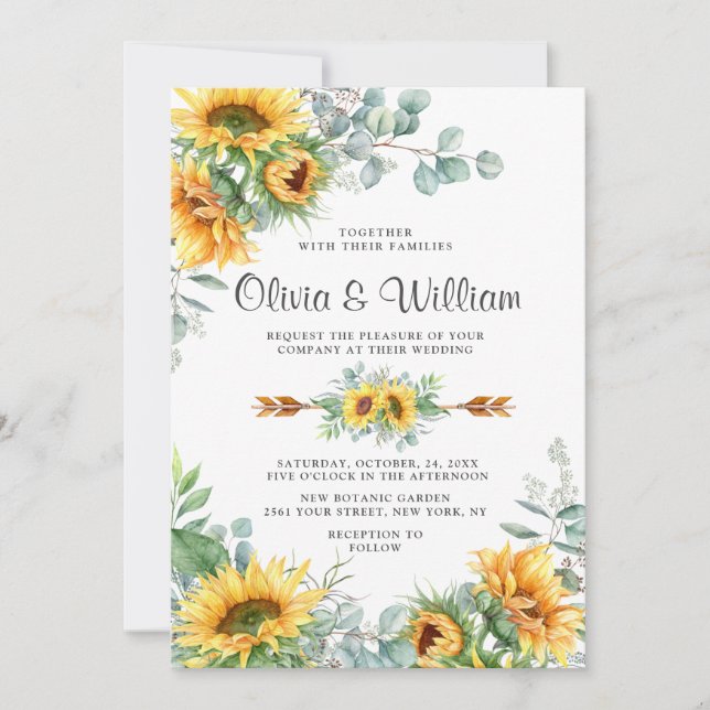Invitation Tournesol Eucalyptus Aquarelle Mariage rustique (Devant)