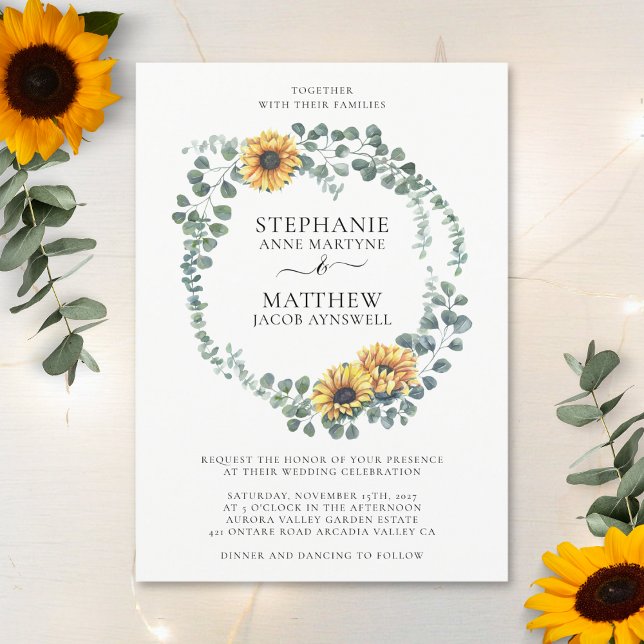 Invitation Tournesol Eucalyptus Feuille Mariage moderne (Créateur téléchargé)