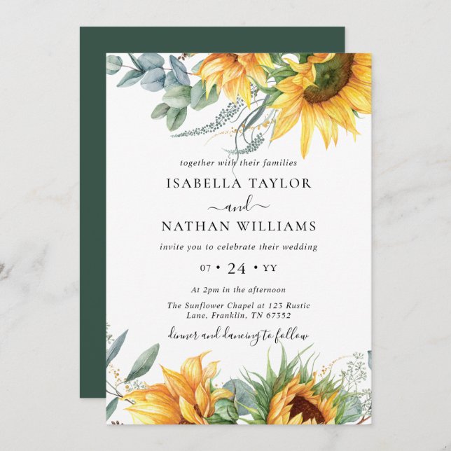 Invitation Tournesol Eucalyptus Floral Mariage botanique (Devant / Derrière)