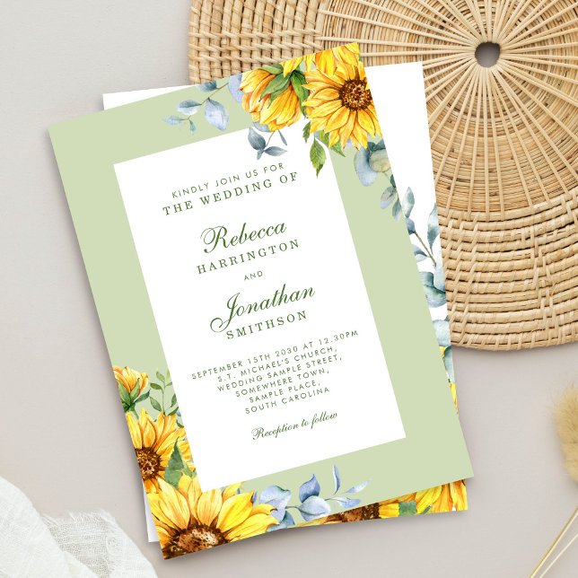 Invitation Tournesol & Eucalyptus Mariage vert floral (Créateur téléchargé)